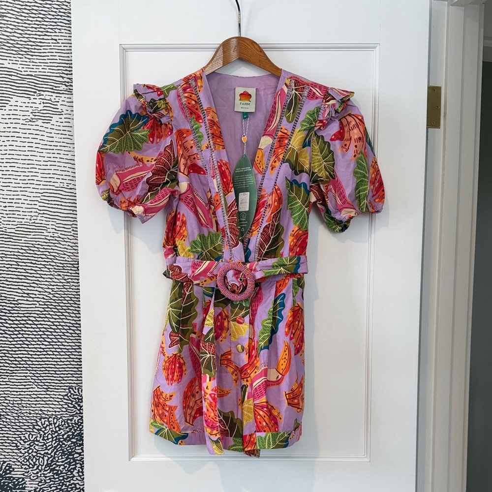 Farm Rio Colorful Leaf Print Dress with Belt size Med NWT